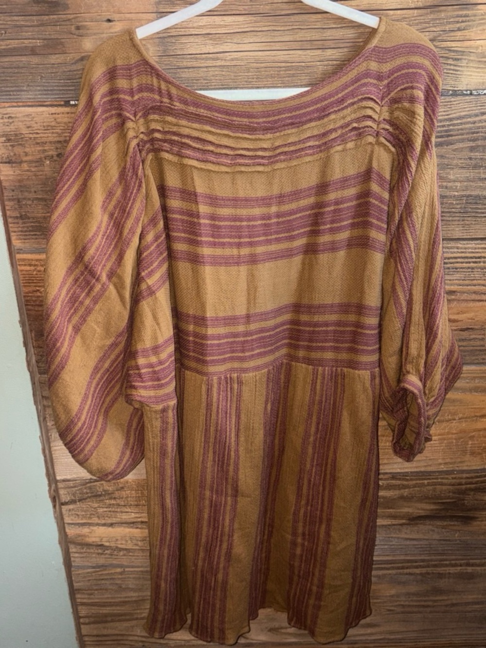 Free People Striped Balloon Sleeve Dress in Mustard and Maroon - Picture 6 of 7